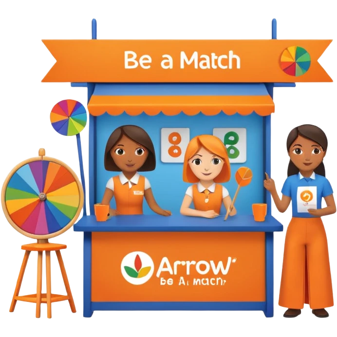 emoji of a recruitment booth. Two cartoon figures stand behind an orange table with 'MARROW, be a match' branding, a colorful spinning wheel, and a branded vertical banner. Simplified and cute. No fruit emoji
