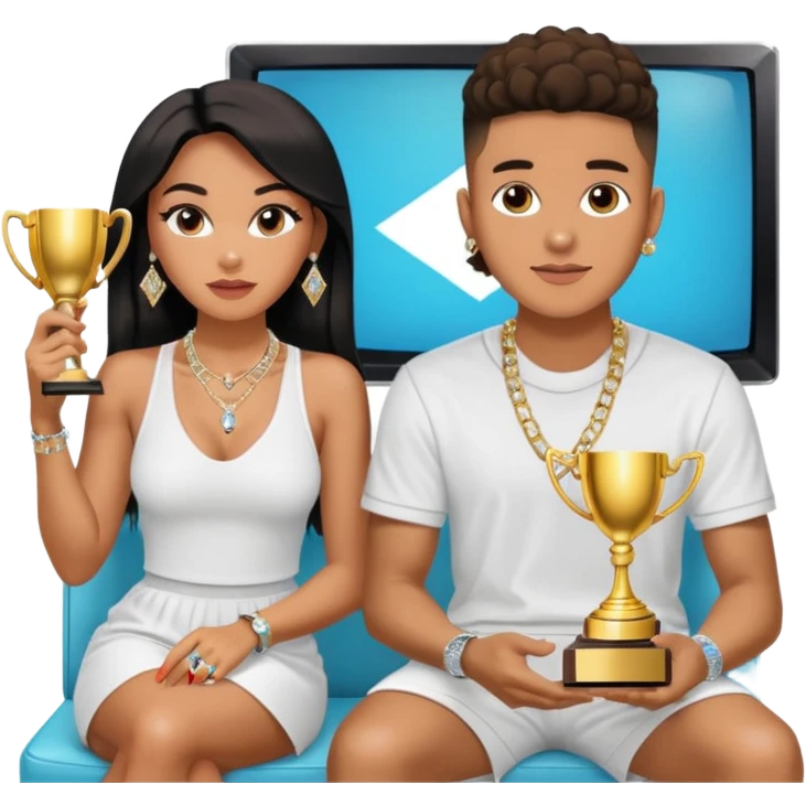 Internet celebrity Josh King Madrid jetset wearing shiny diamond earrings and sparkly iced out diamond tennis necklace chains with Instagram model girl tefi valenzuela sitting with him holding gold internet celebrity trophy on tv show in Miami emoji