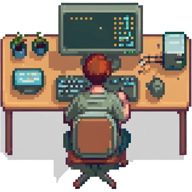 person programming on a desktop computer, pixel art style emoji