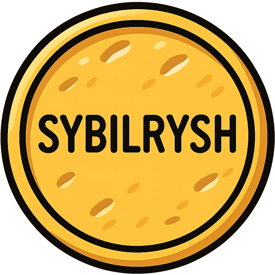 A richly textured gold coin with the text "SYBILRYSH" inscribed in the center. The coin has a raised rim, detailed gold texture with highlights and shadows to show the metallic surface. emoji