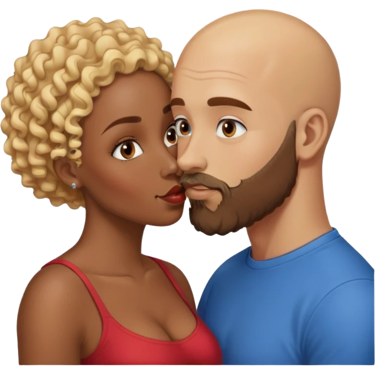 bald head man with brown eyes and beard kissing African woman with blue eyes and curly blonde hair emoji