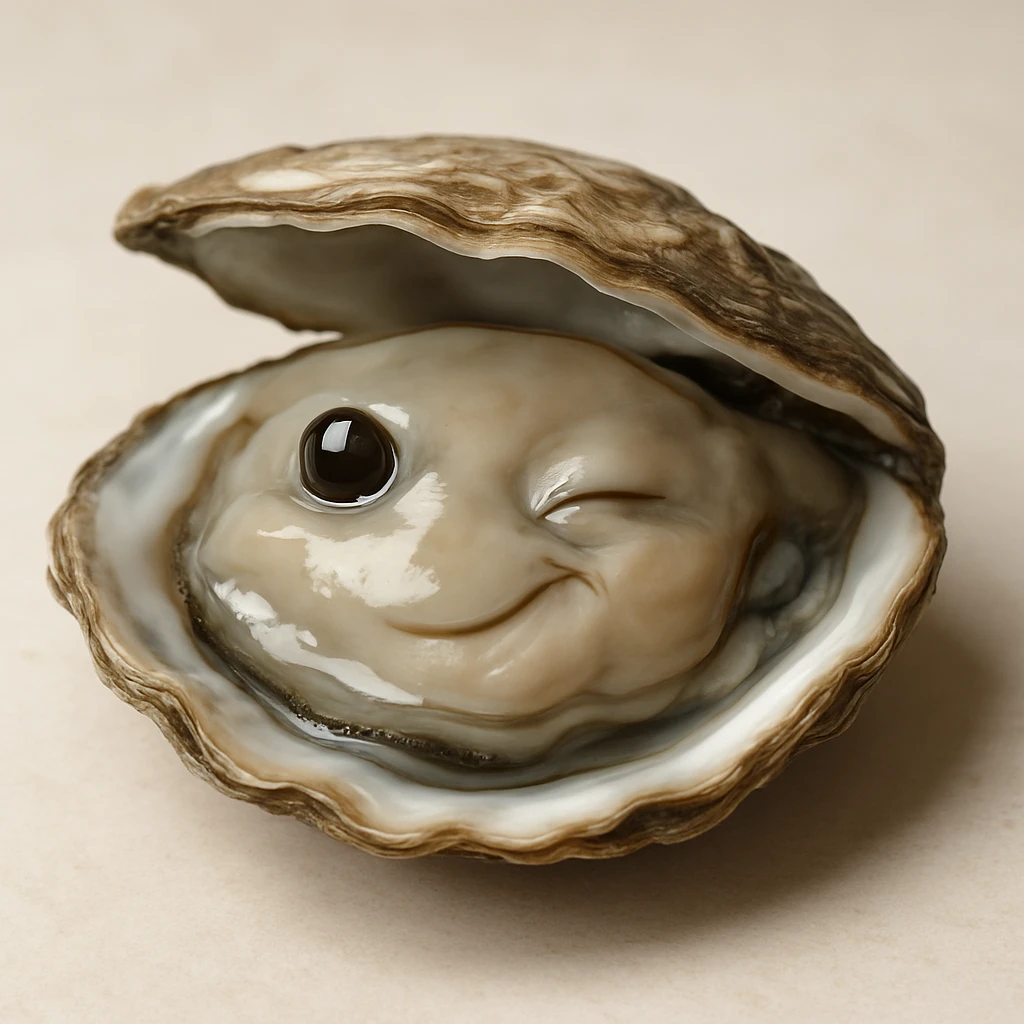 A cute oyster winking, in photorealistic style. emoji