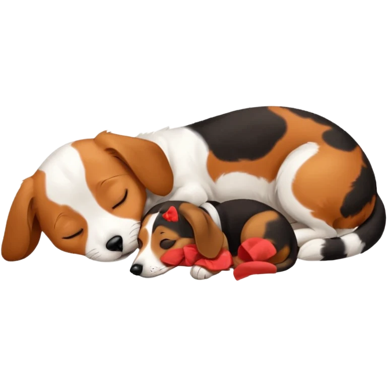 Calico cat with black nose sleeping near a dachshund dog    emoji