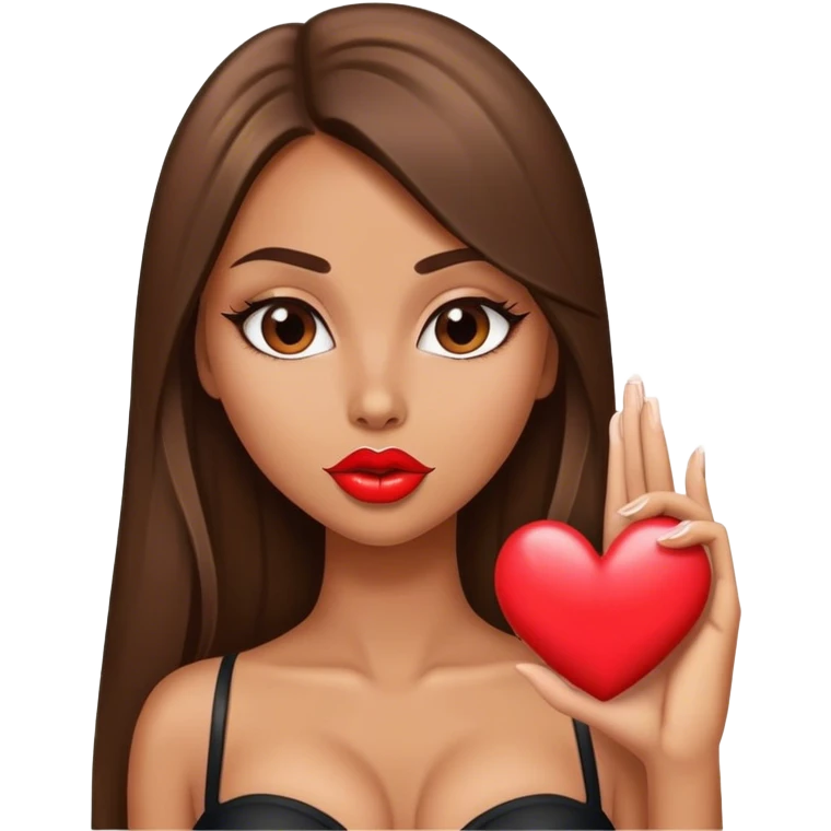 Sexy beautiful girl with pump lips and brunette straight long hair showing heart emoji