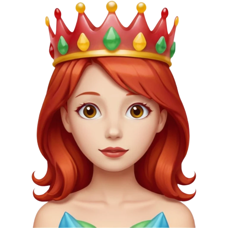 red hair woman wearing an edible candy gummy crown emoji