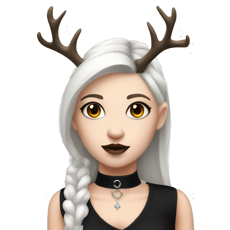 Portrait. Goth deer girl in a black sleeveless dress with a choker. White antlers with deer ears.  emoji