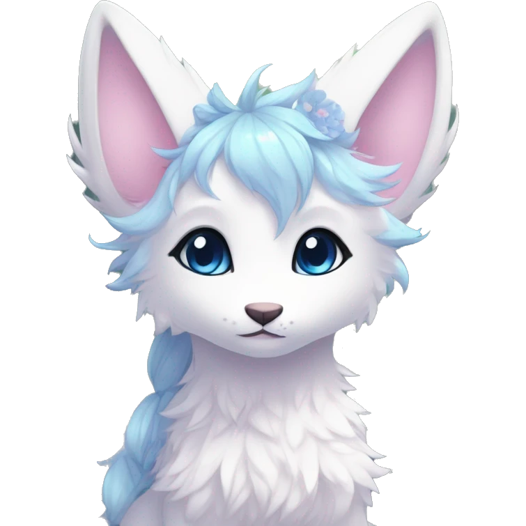 Anthro Cute Cool Blushing Pastel Innocent Shy Kawaii gorgeous sparkly ethereal fantasy anime animal creature with blue eyes furry sona with flowers and ribbons beautiful aesthetic emoji