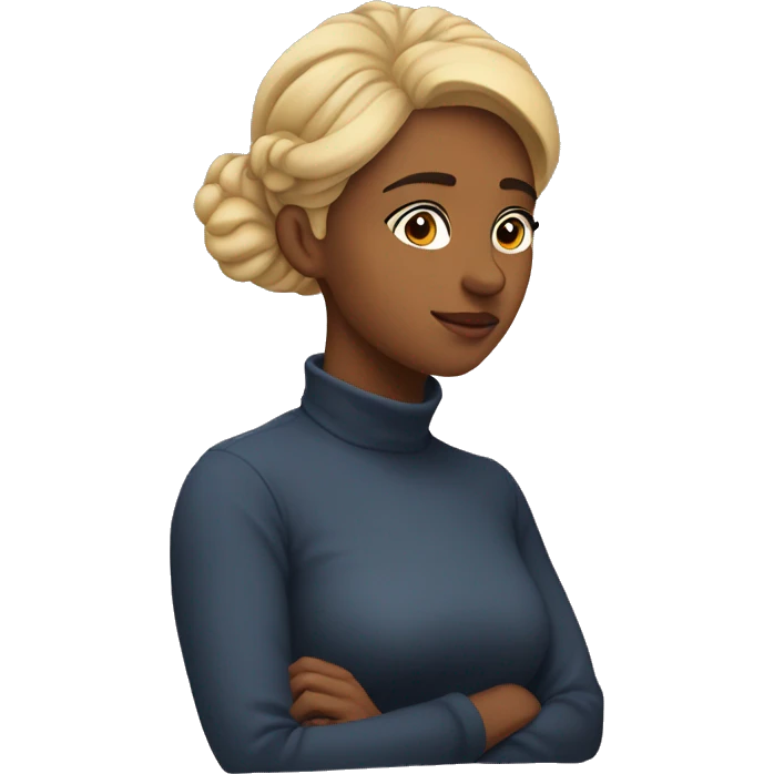 A woman in her 20s, contemplating, with her chin on her back emoji