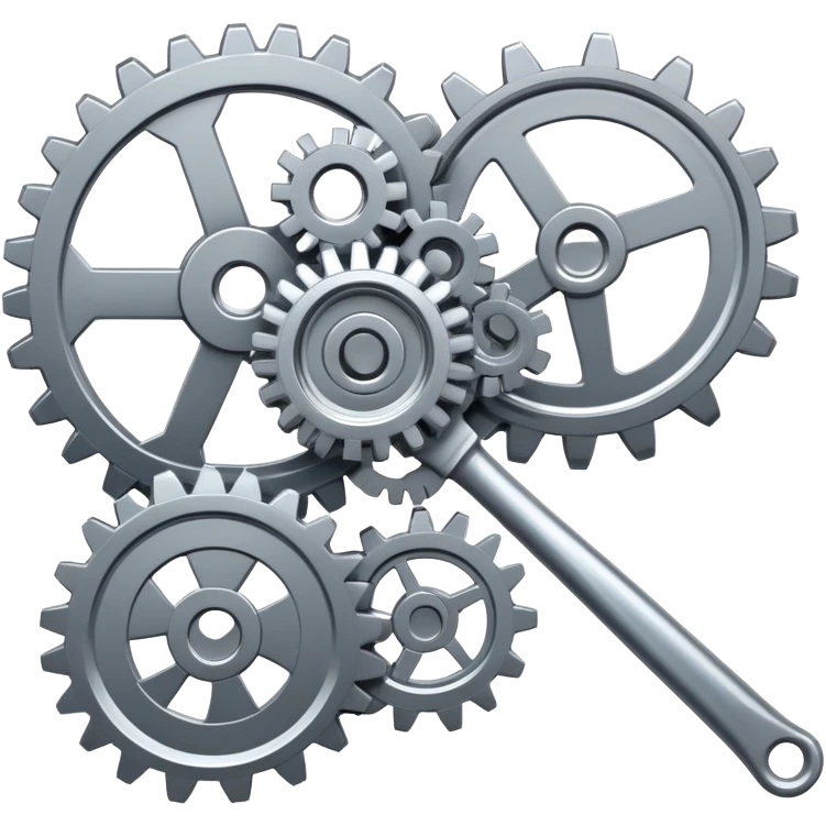 An icon featuring mechanical gears, a wrench, and a blueprint, symbolizing mechanical engineering. The design includes pistons, turbines, and precision tools, representing the design, production, and maintenance of machines and systems. Transparent background emoji