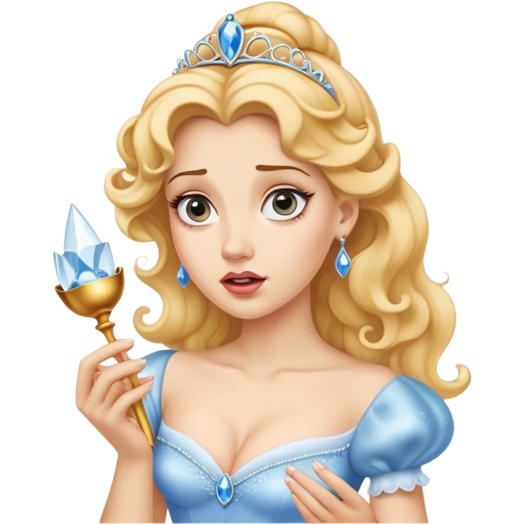 Cinematic Funny Cinderella Portrait Emoji, Stunned expression as she holds a glass slipper much too big, one eyebrow raised, golden curls slightly messy, a mix of royal grace and unexpected humor, capturing a lighthearted twist on her fairy tale moment! emoji
