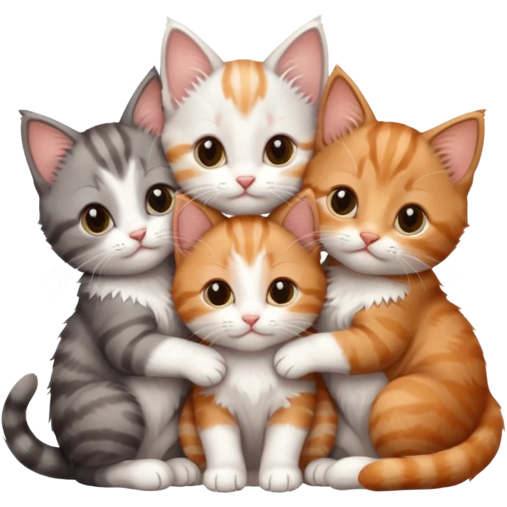 6 tiny kittens cuddling together all different colours, the first one is grey and white, the second is ginger and white and the third is brown tabby and white emoji