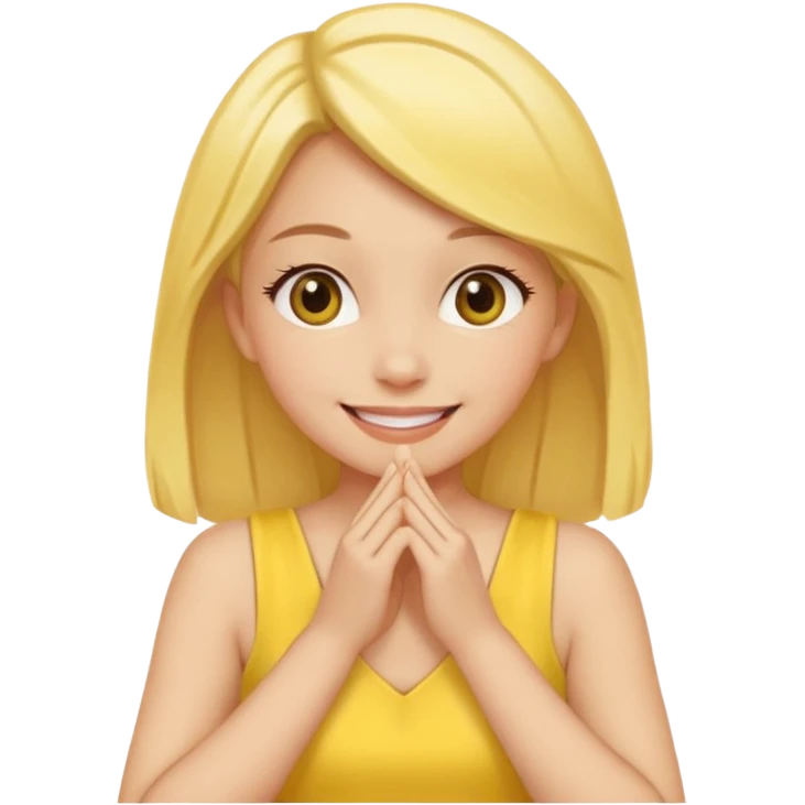 yellow smiling face girl with both hands under chin fingers touching emoji