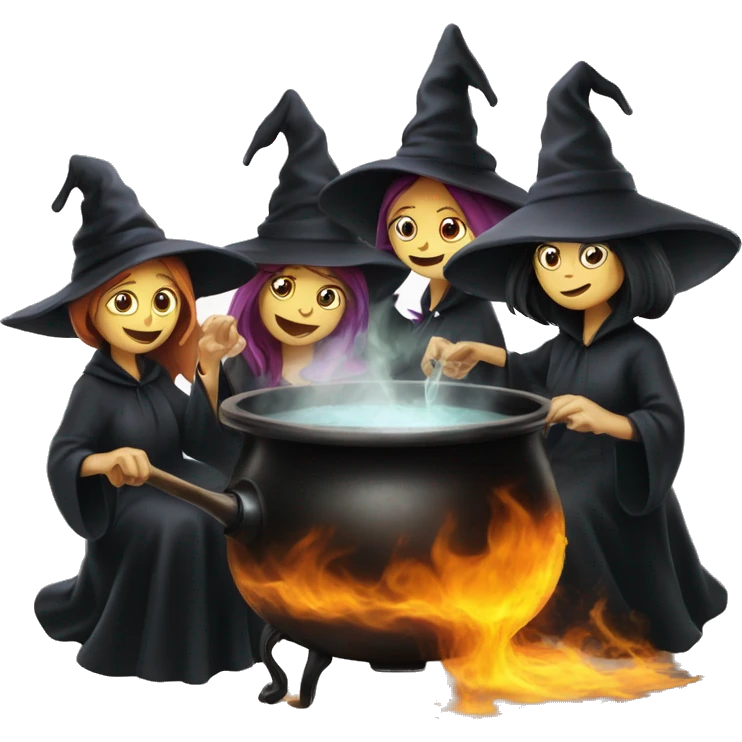 Three witches brewing a potion over a boiling black pot emoji