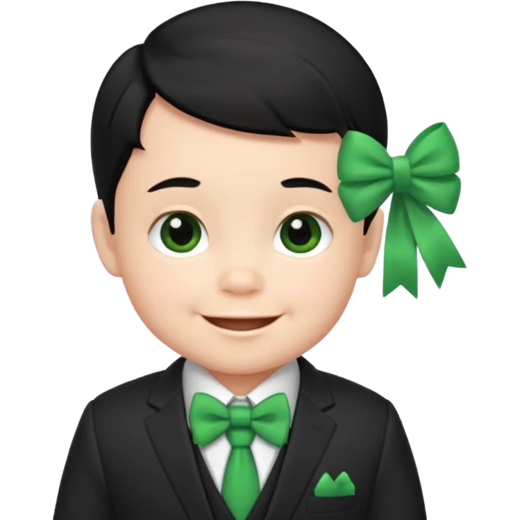 baby boy black hair in suit, with green bow, happy emoji