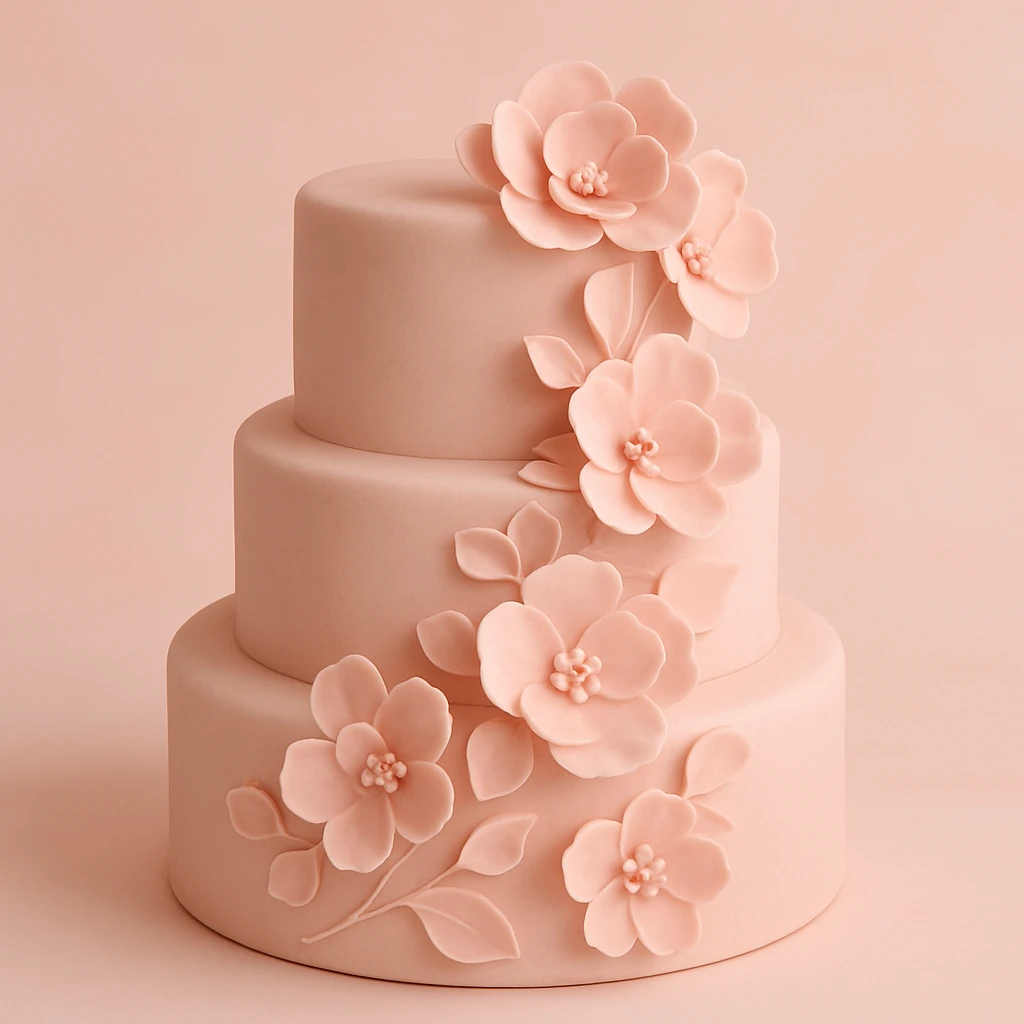 wedding cake with pink fondant flowers and a light pink background emoji