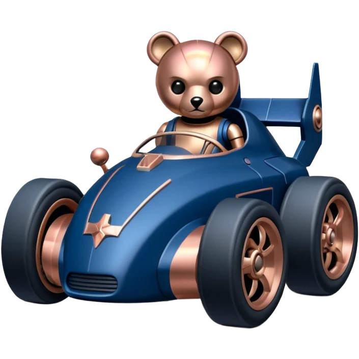  Space-weathered/Carbonized Metallic dark blue and rosegold-accented  racing car for furry-faced  evil alien scary robot teddy bear with rear spoiler (Star Wars style) emoji