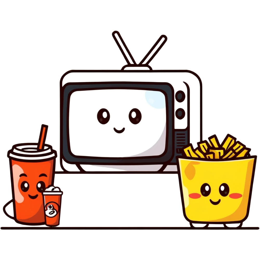 character watching TV with chips and soda emoji