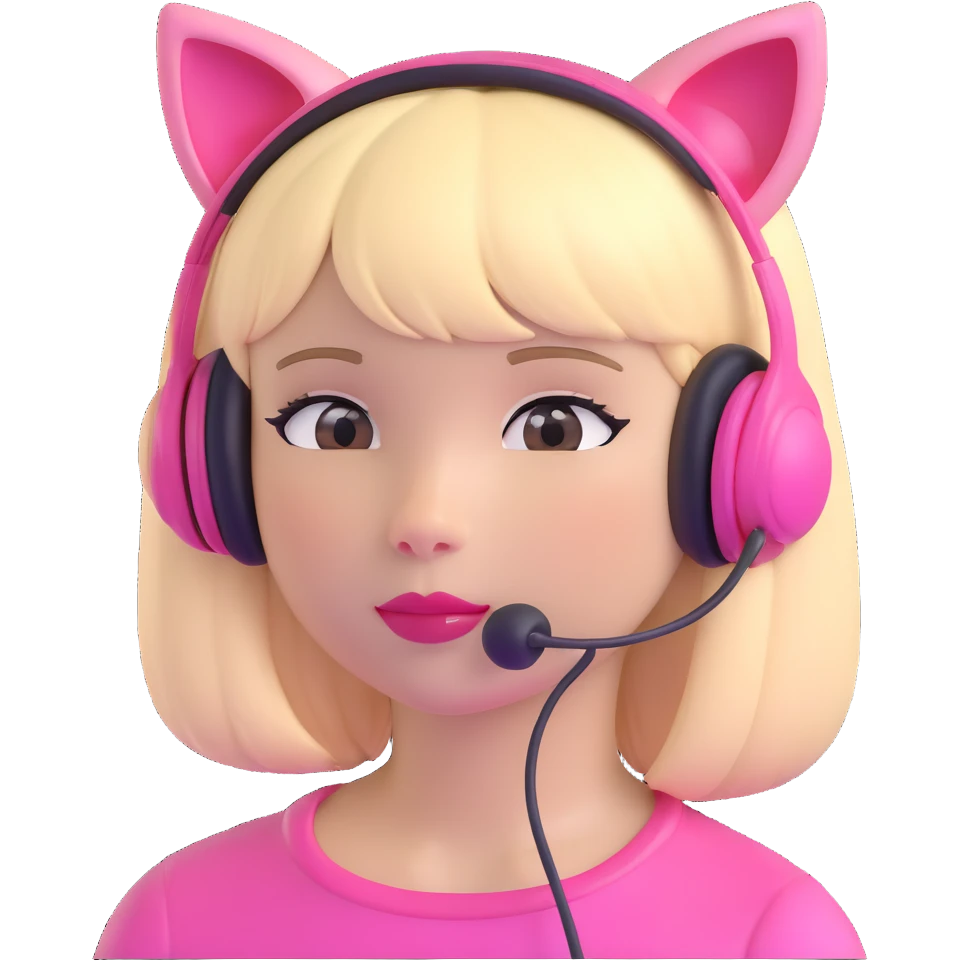 sassy blond girl with straight hair, short bangs, pink kitty-ear headset, pink lips, looking to the side emoji