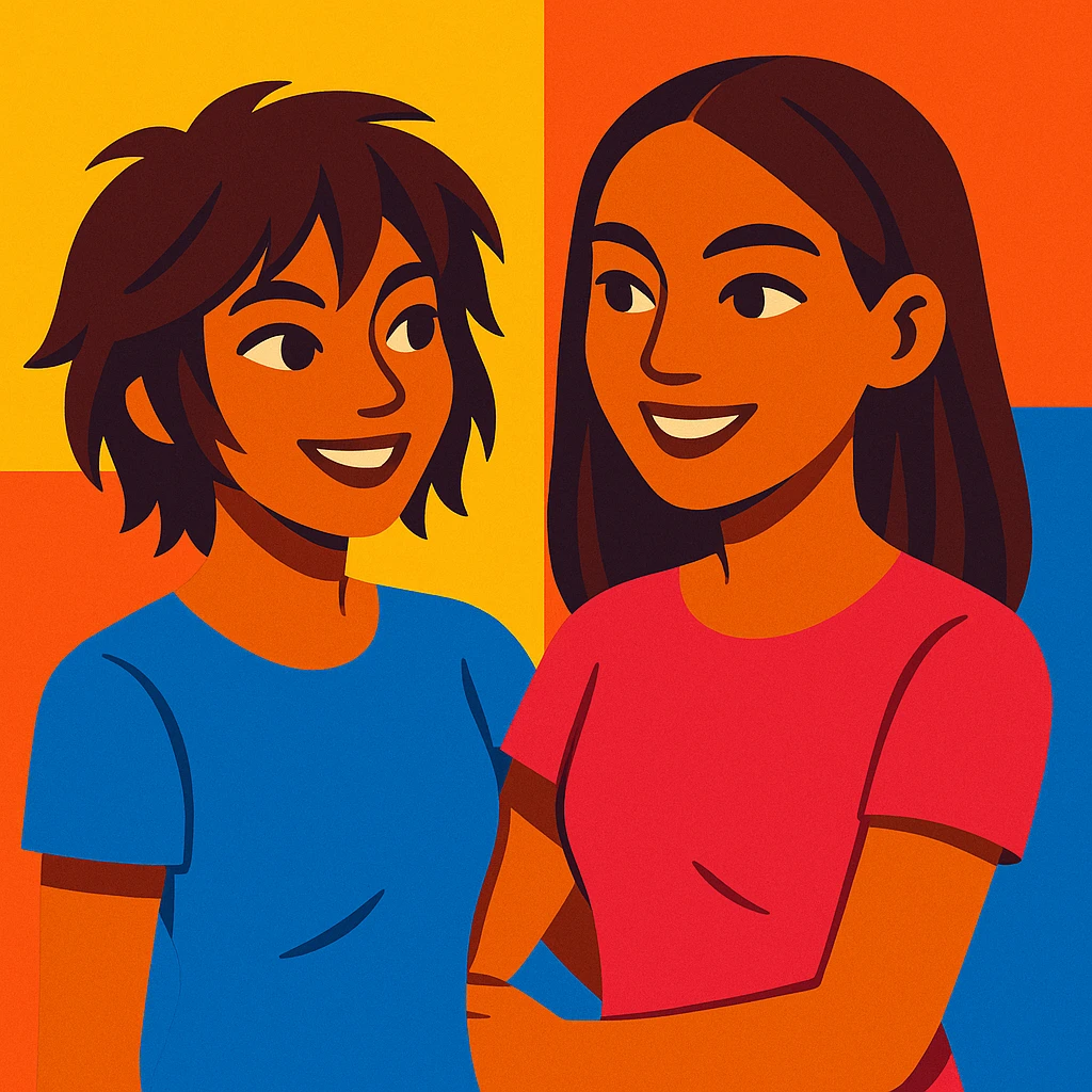dos chicas, una con pelo corto desmechado en capas hasta la barbilla, castaña, piel morena; la otra con pelo lacio hasta el hombro, castaña, piel morena, estilo vibrant-toon emoji