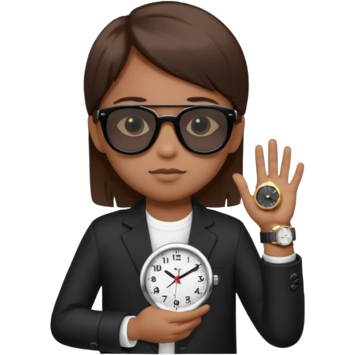 Un niño con pelo lacio color castaño,con lentes de sol negros y un reloj en la mano ,pero que el lente sea más oscuro  emoji
