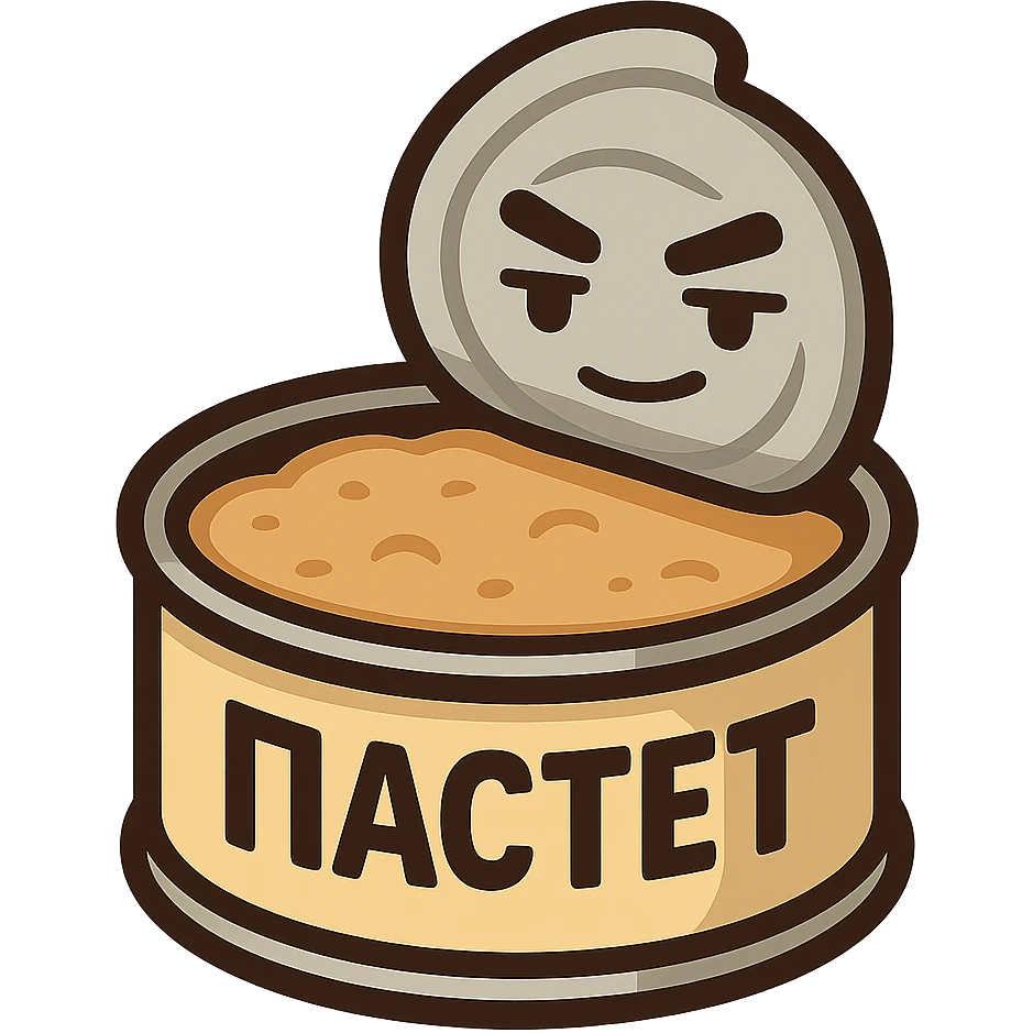 Minimal chibi open pâté tin can, visible pâté, masculine expression, confident calm face, thick black outline, flat colors, strong contrast, emoji sticker style, no background, 28px readable, Twitch emote, Cyrillic text "ПАСТЕТ" emoji
