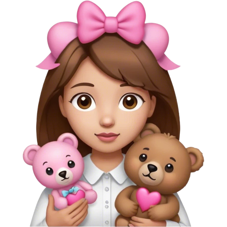 Brown hair girl with brown eyes and white shirt with pink heart holding little bear toy in the color brown with little pink bow on the head. emoji