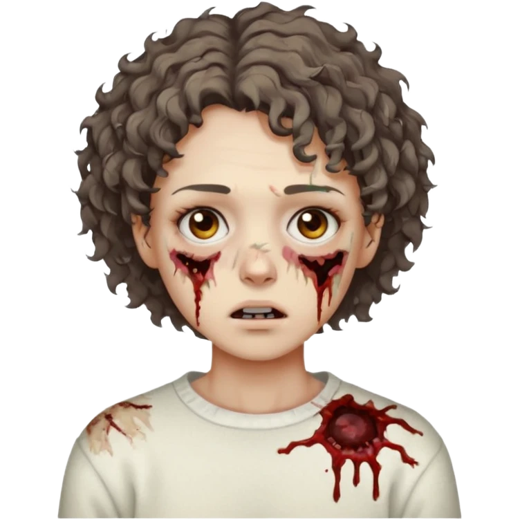 zombie with short curly hair and brown eyes wearing a white sweat emoji