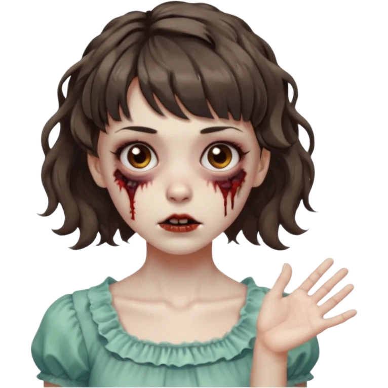 Cabelo ondulado  um pouco cheio e franja curta  Olhos marrons e pequenos e feita d ezumbi mais bonita com cabelo amarro na e com as mãos assim tipo assim🧟‍♀️ emoji