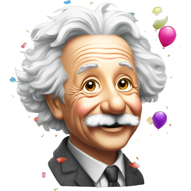 happy albert einstein with colourful confetti and party balloons emoji