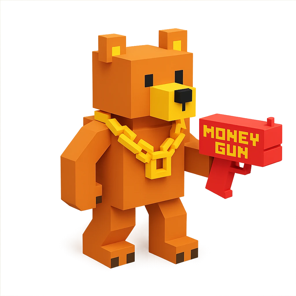 A grizzly bear with a chain and a money gun, facing left emoji