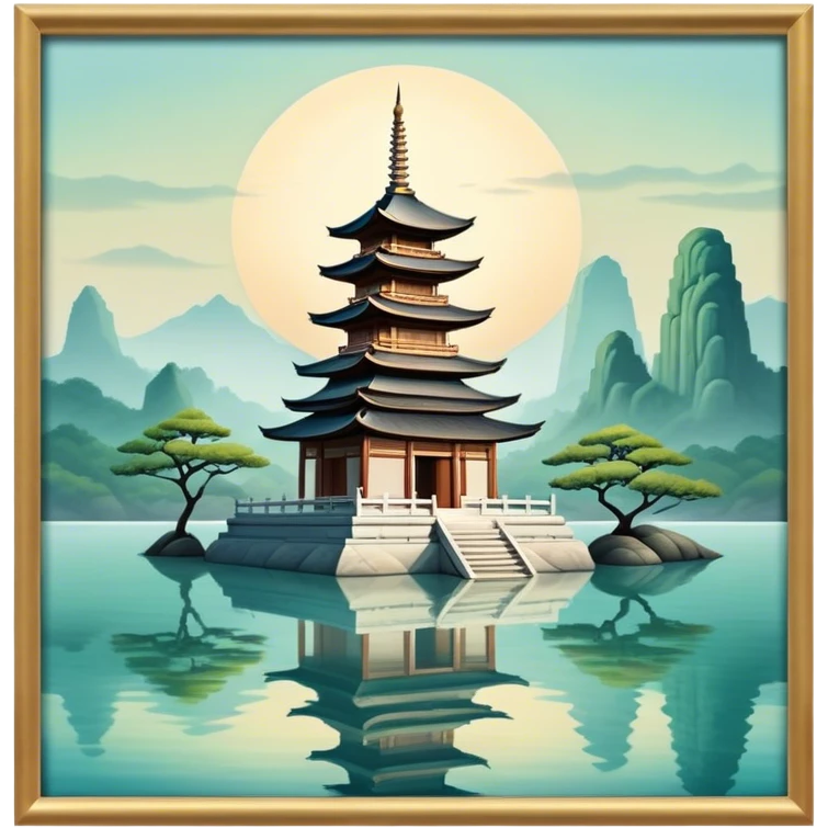 Cinematic Realistic Tran Quoc Pagoda Landmark Emoji, depicted with an ancient pagoda set on tranquil waters rendered with delicate textures and serene, reflective lighting. emoji