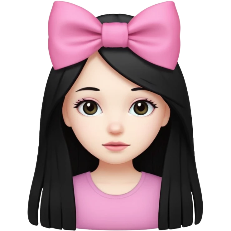 white girl, cute, black long straight hair, pink bow emoji