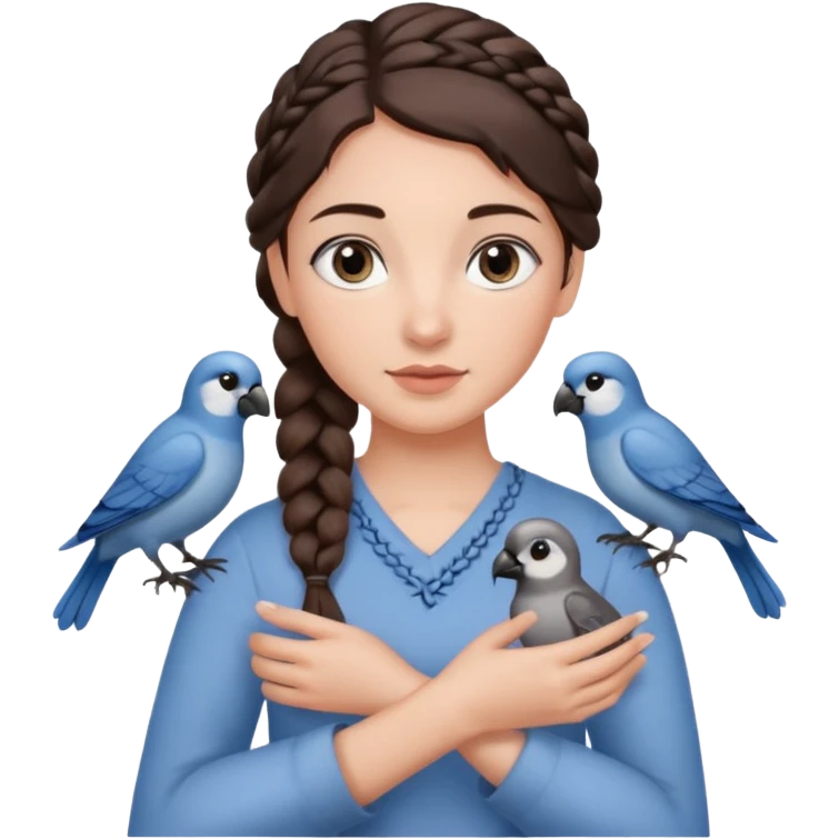 женщина с темно-коричневой косичкой набок и серо-голубыми глазами и светлой кожей держит на руке трех птиц коричневого и серого цвета emoji