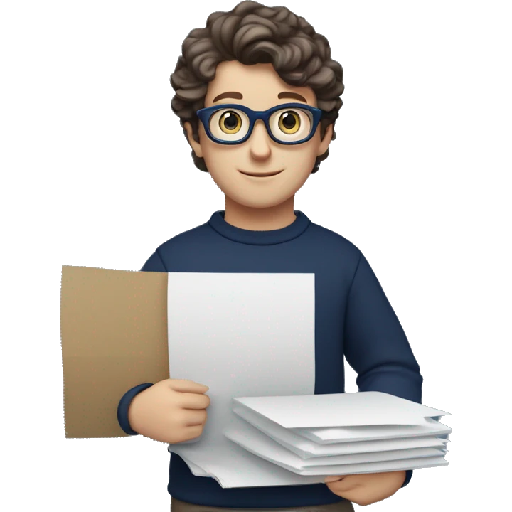 caucasian white boy with dark wavy  hair, blue glasses, and carrying design paper plan because he is an architect carrying a pencil and a set model maquette. wearing a navy blue long sleeve sweater shirt. smart.  emoji