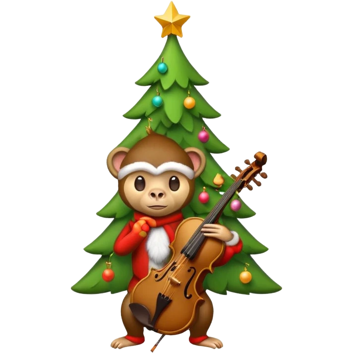 A cute, minimal emoji-style Christmas tree with a bright green triangular shape decorated and a small playful monkey with a violin emoji