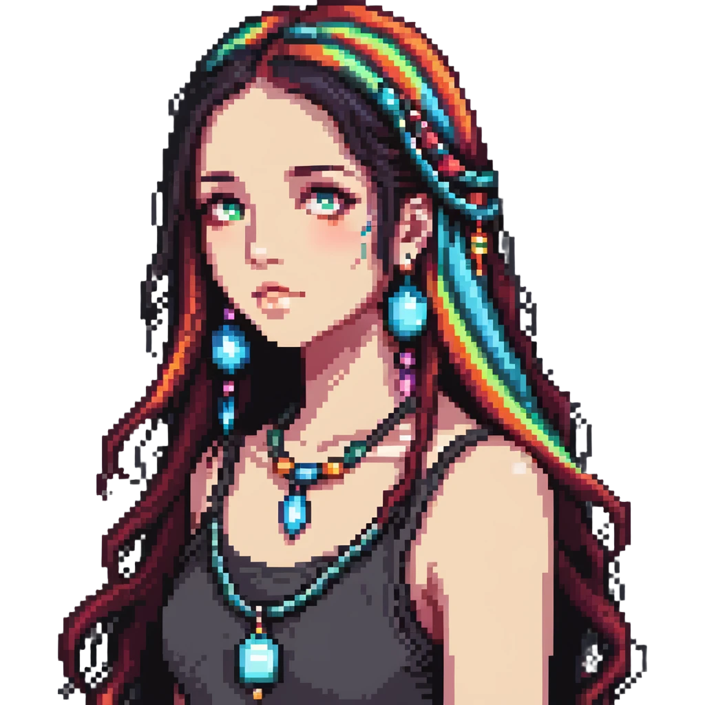 Beautiful girl with metal jewelry, colorful, long hair, dreamy expression emoji