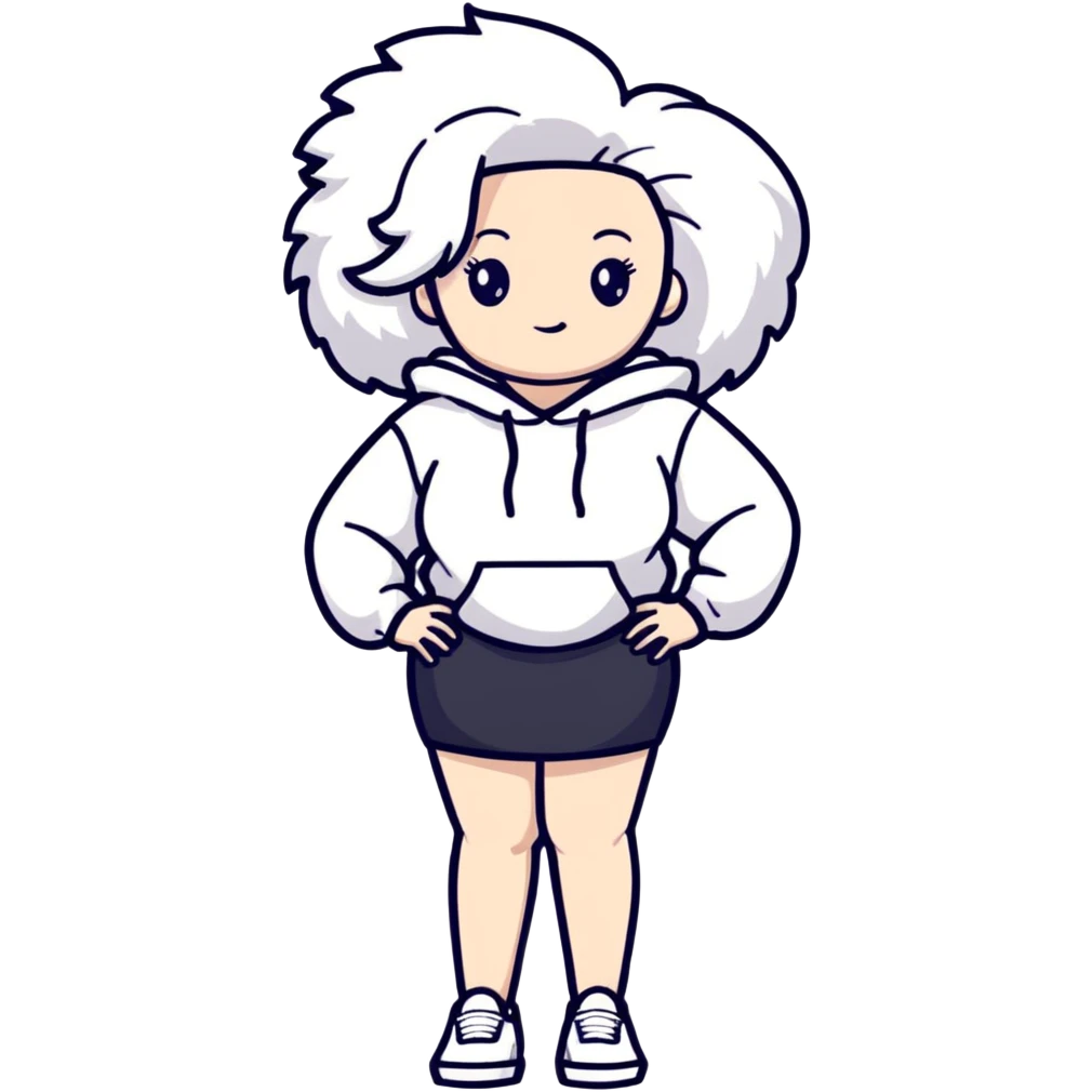 Female with slim hourglass figure, white big hair, wearing white sweatshirt, black skirt, and white shoes, full body pose emoji