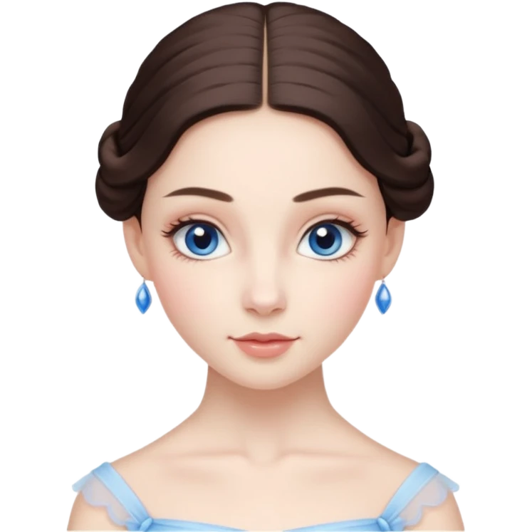 Realistic Ballerina Portrait, with porcelain-like skin featuring a natural rosy flush, illuminated by soft lighting that highlights the gentle contours of her face. Her Brunette hair flows in soft.Her deep blue eyes radiate framed by arched brows and long lashes. emoji