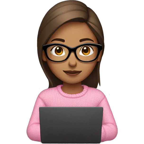 Girl with straight brown hair and black glasses frame and in pink sweater working behind laptop emoji
