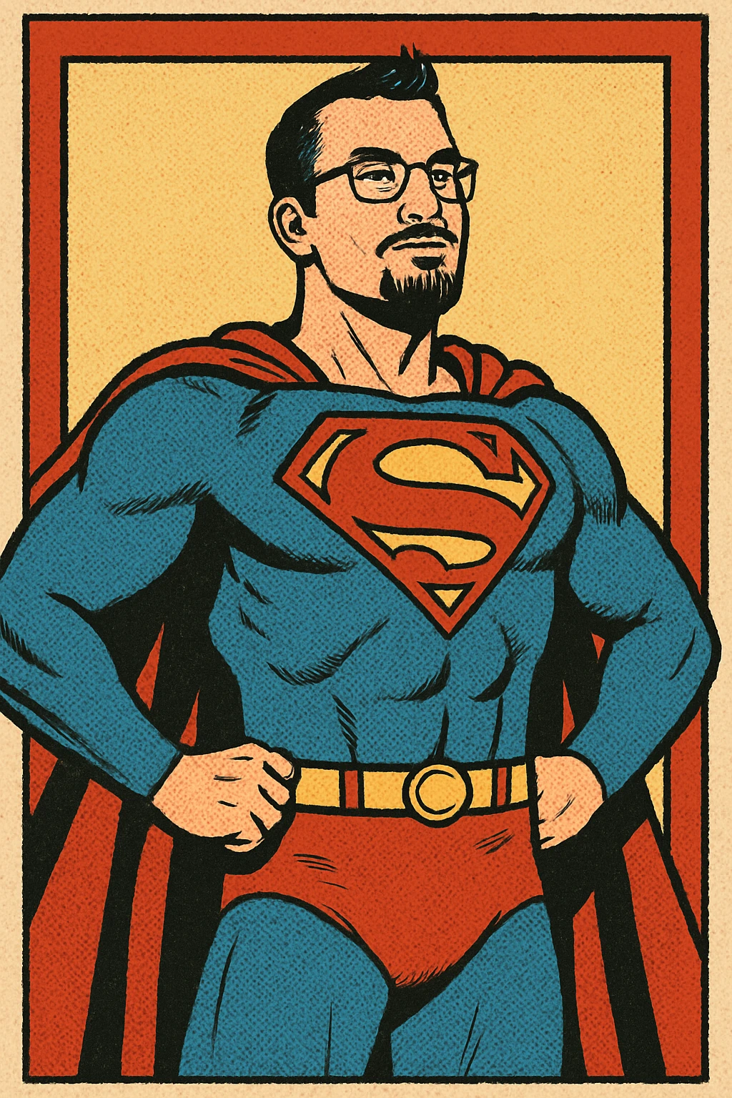 man with short hair, goatee, glasses, superhero costume, standing tall, chest out, classic comic book style emoji