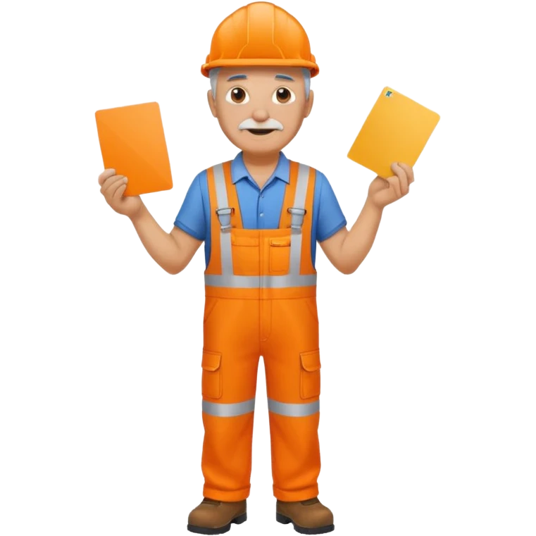 older engineer hi-vis orange overalls standing full body holding a card emoji