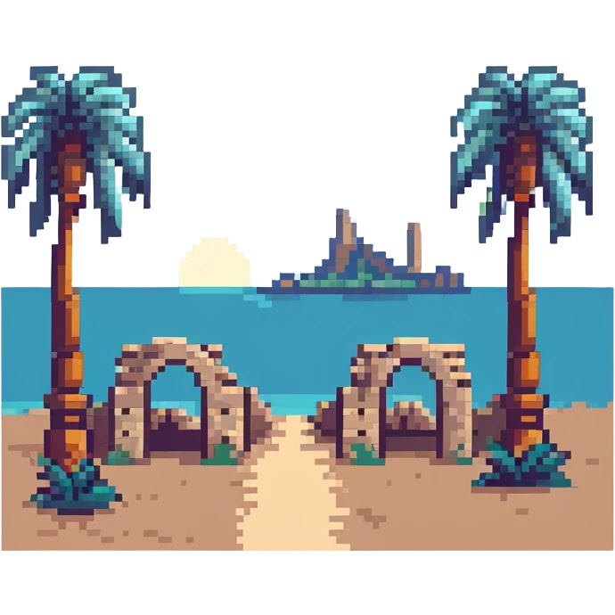 pixel art of the ancient ruins of Carthage with palm trees emoji
