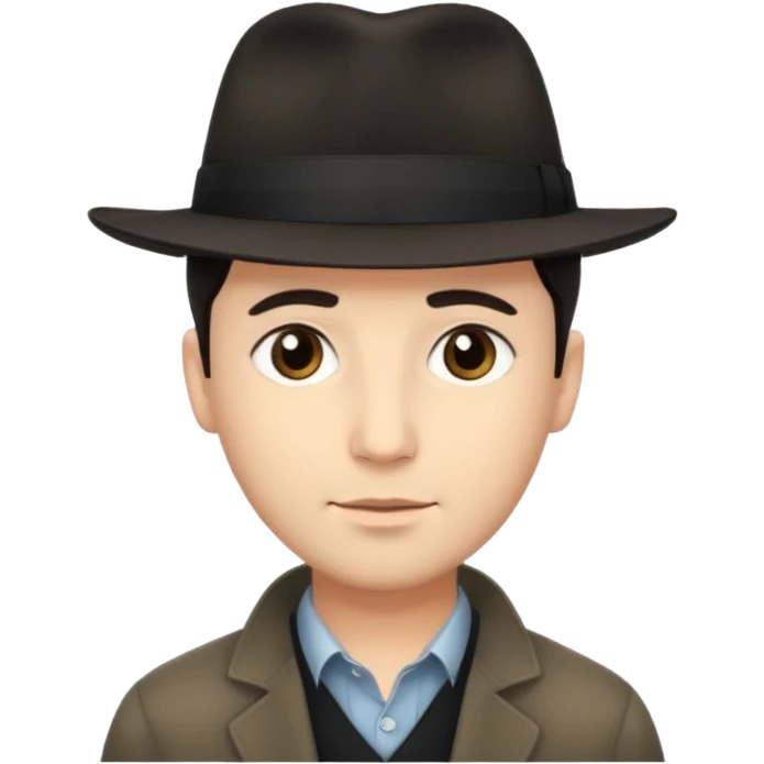 A light-skinned man with short dark hair, and a black fedora, with an oval face and calm look. emoji