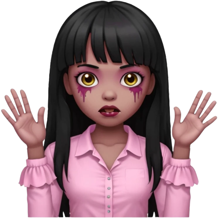 light-skinned Black zombie girl with long black hair and bangs, wearing a light pink blouse, with a cute pose emoji