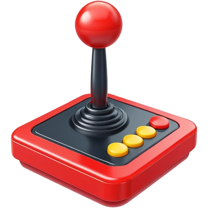 A colorful arcade joystick with red stick and buttons emoji