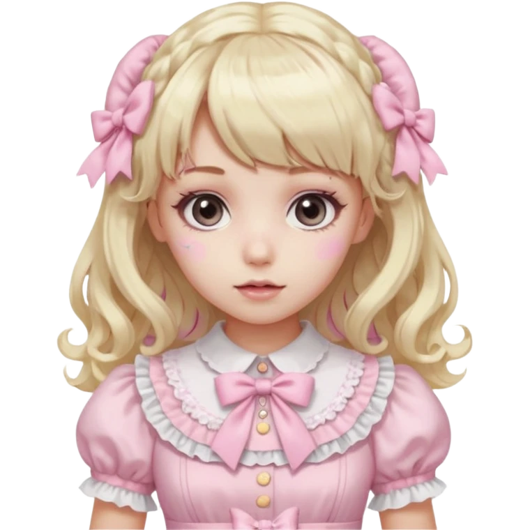 pale girl , who has curly medium length blonde and baby pink swirled hair with bangs , grey eyes , and doll like makeup , in a light pink lolita hime gyaru dress  emoji