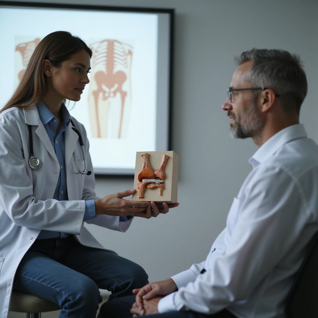 symbolic scene: doctor in white coat holding anatomical knee model, explaining procedure to seated patient, educational atmosphere, 4K quality emoji