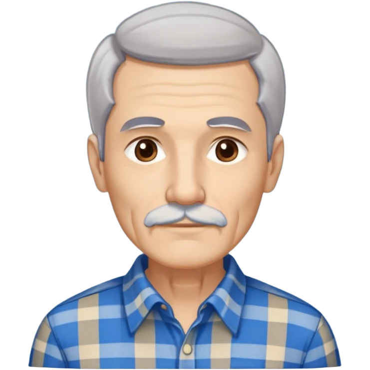Thin older Hispanic man with light complexion. Elongated slim face with wise expression. Relaxed brown eyes. Straight fine gray-white hair with soft fringe. White mustache connected to chin beard. Lean physique. Wearing a beige and blue plaid long-sleeved shirt. emoji