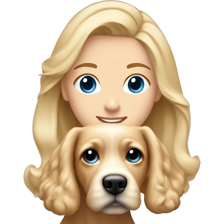 Blond girl blue eyes with a beige cockapoo dog in ground if her emoji