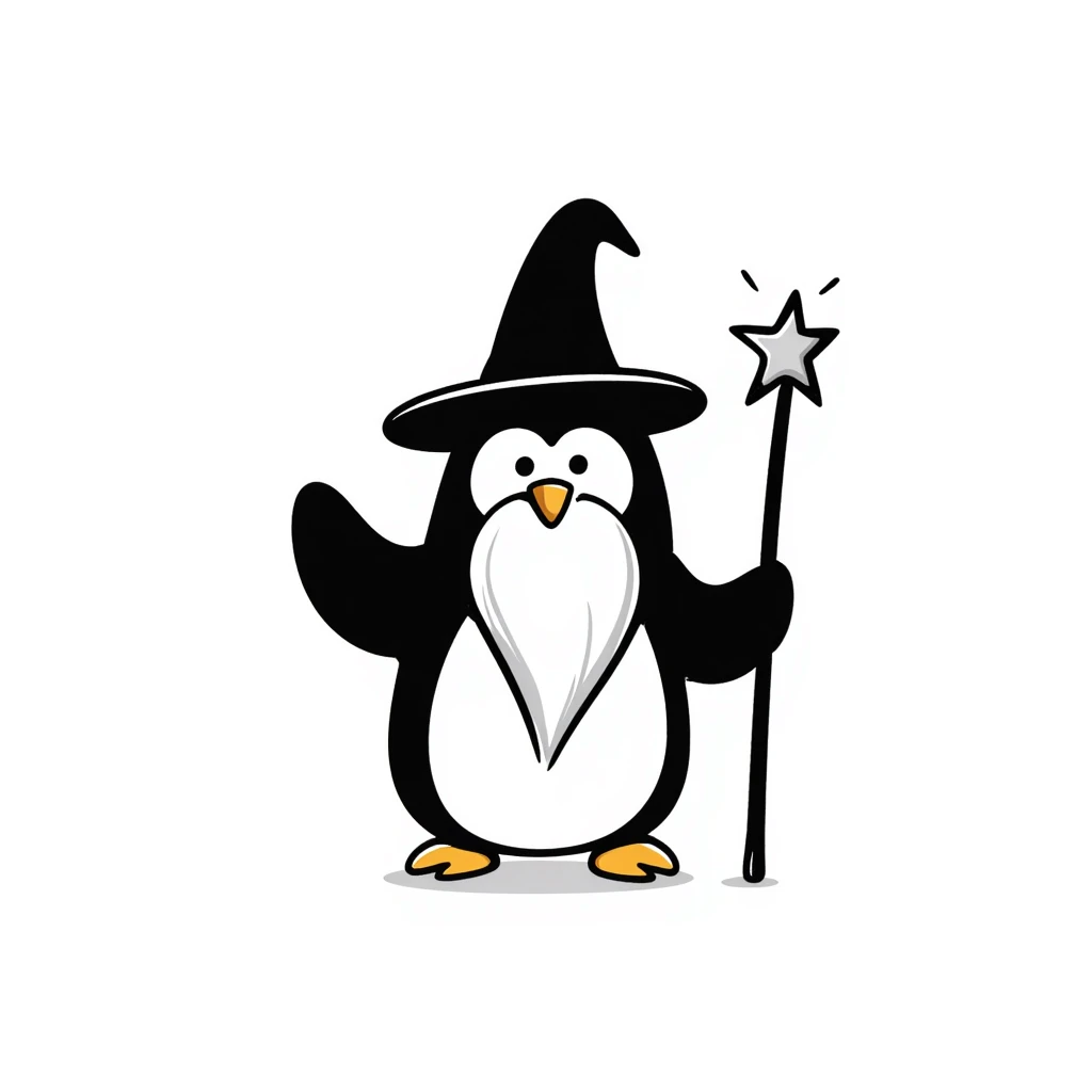 A penguin wizard with a long white beard, tall wizard hat, and magic staff emoji